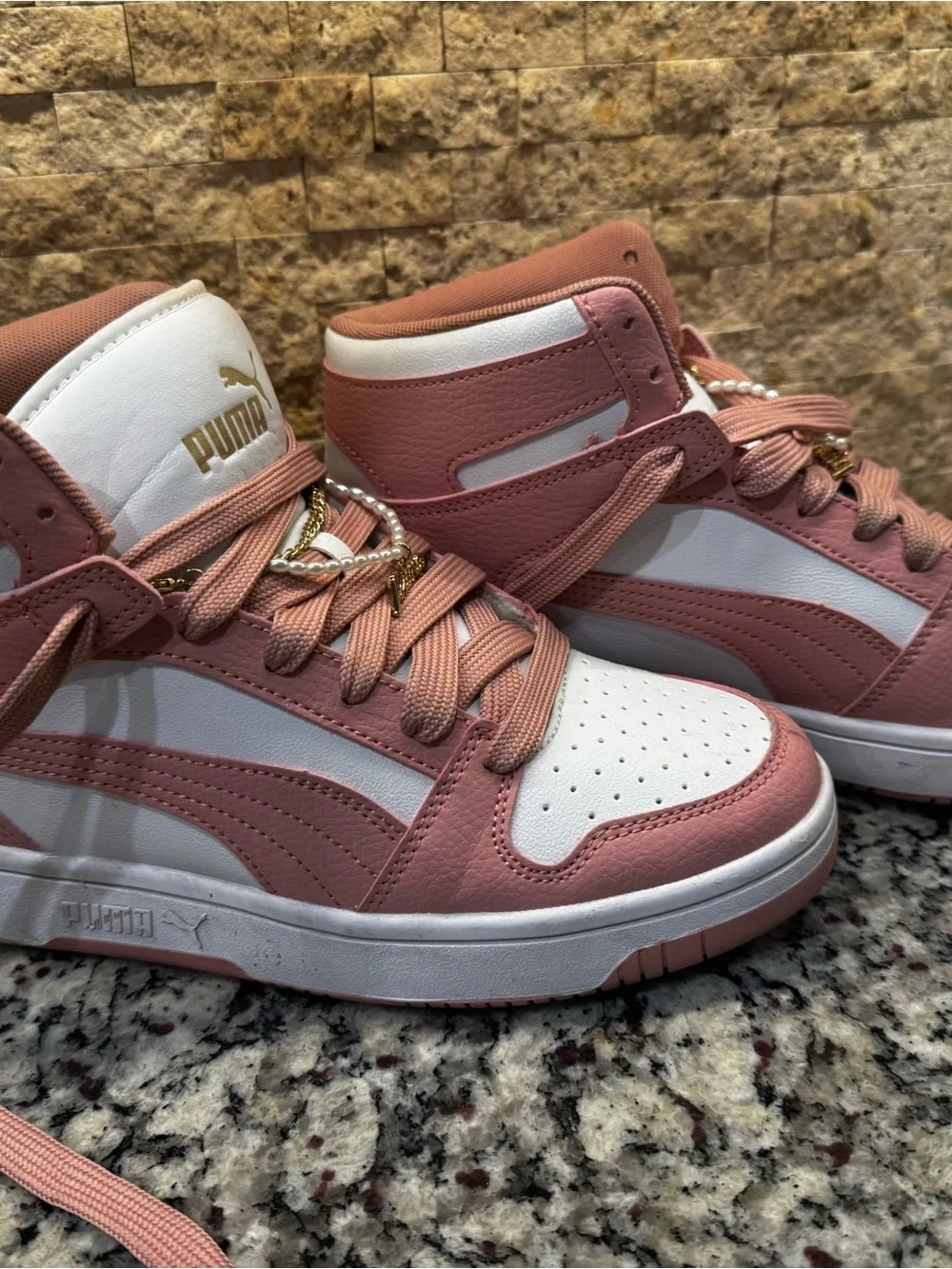 PUMA women’s size 9 Pink and White High-Top Sneakers with bling